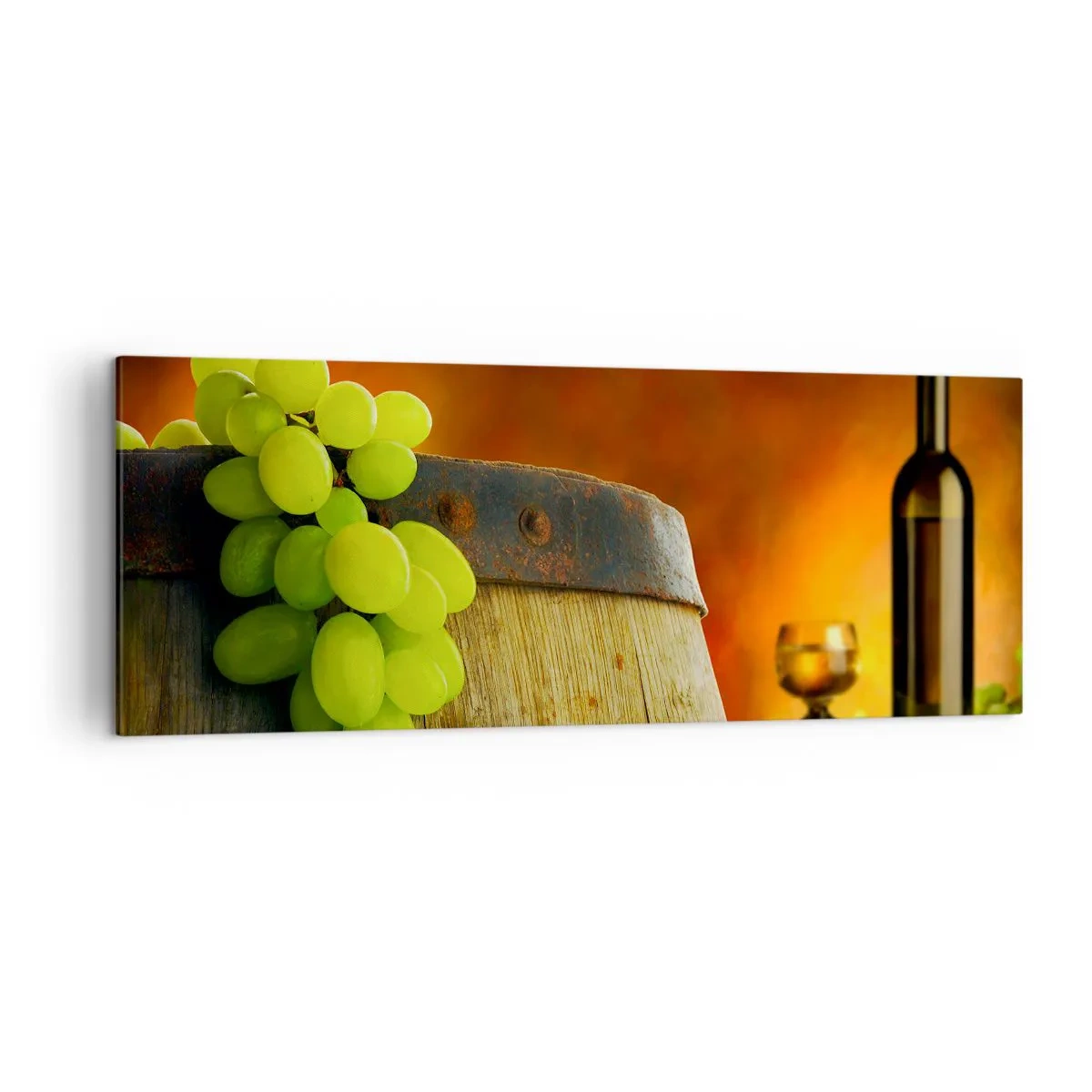 Impression sur toile - Image sur toile - Raisins sur un tonneau de vin avec une palette de couleurs chaudes en arrière-plan - 140x50cm - Nature morte avec une bouteille de vin et une grappe de raisin - Décoration murale moderne pour le salon et la chambre