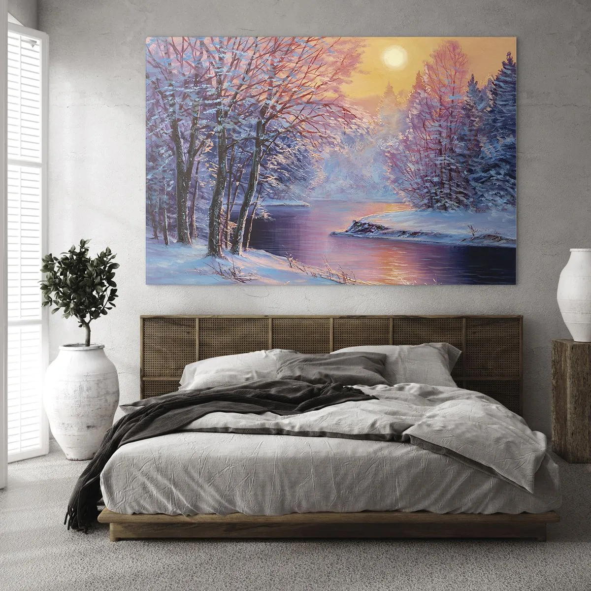 Impression sur verre - Image sur verre - Paysage d'hiver avec une rivière et un coucher de soleil - 120x80cm - Couleurs d'hiver - Décoration murale moderne pour le salon et la chambre ARTTOR