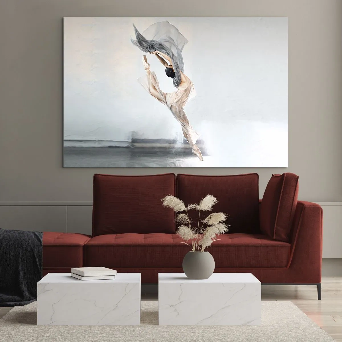 Impression sur verre - Image sur verre - Une ballerine exécute un saut dynamique dans une lumière douce. - 100x70cm - Dans le ravissement de la danse - Décoration murale moderne pour le salon et la chambre ARTTOR