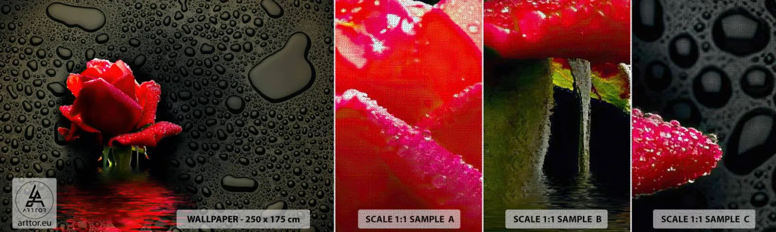 Échantillon de Papier Peint Premium Canvas - Rouge et noir - Fleurs, Rose, Eau - 100x30 cm