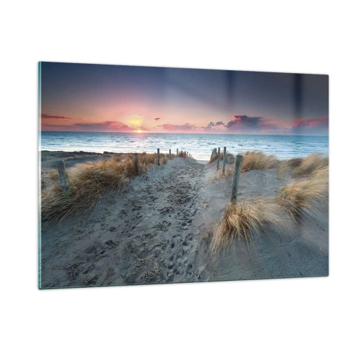 Impression sur verre - Image sur verre - Chemin à travers les dunes menant à la mer au coucher du soleil - 120x80cm - Tu as versé l'éclat de l'arc-en-ciel sur les flots - Décoration murale moderne pour le salon et la chambre ARTTOR