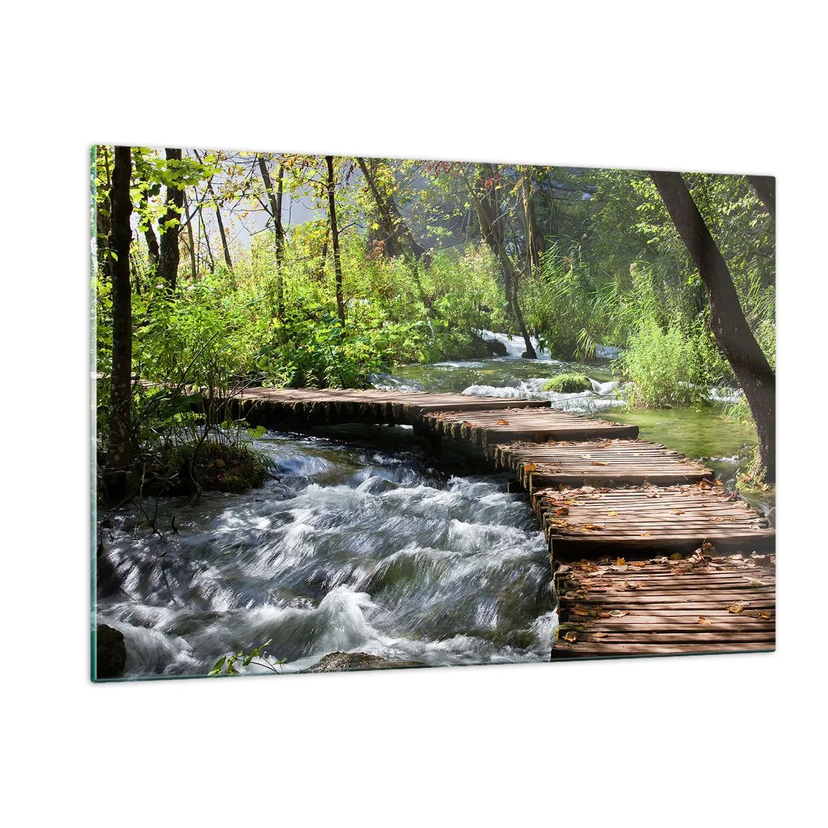 Impression sur verre - Image sur verre - Un pont en bois sur un ruisseau tumultueux - 120x80cm - Au-dessus de la cascade mousseuse - Décoration murale moderne pour le salon et la chambre ARTTOR