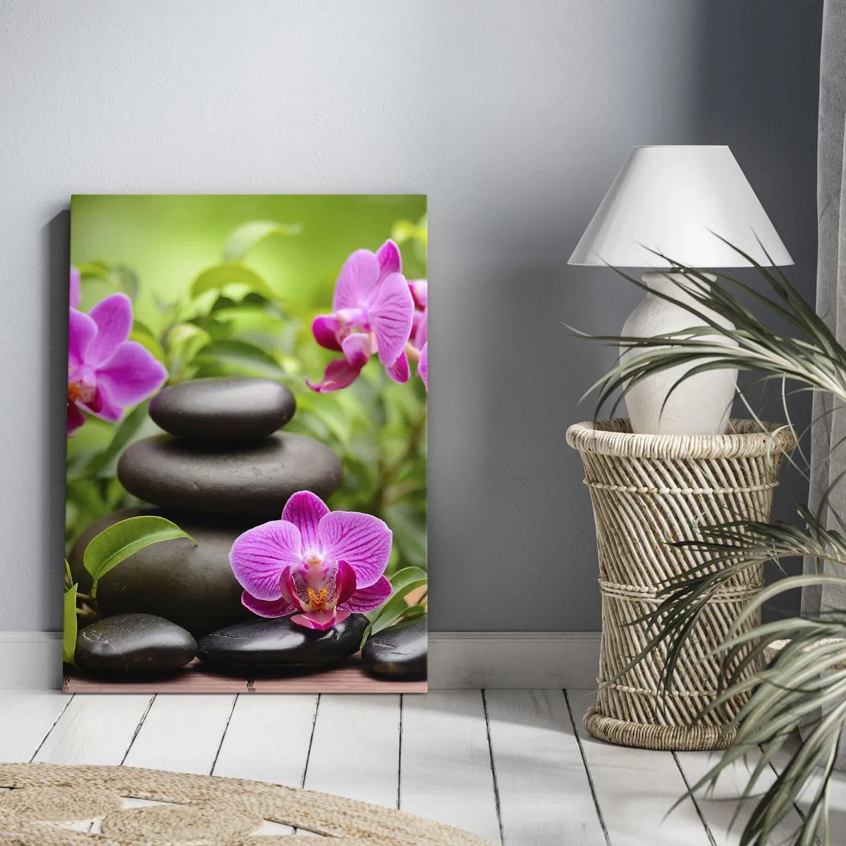 Impression sur toile - Image sur toile - Orchidées roses avec des pierres sur fond vert - 50x70cm - Pyramide de la Paix - Décoration murale moderne pour le salon et la chambre ARTTOR