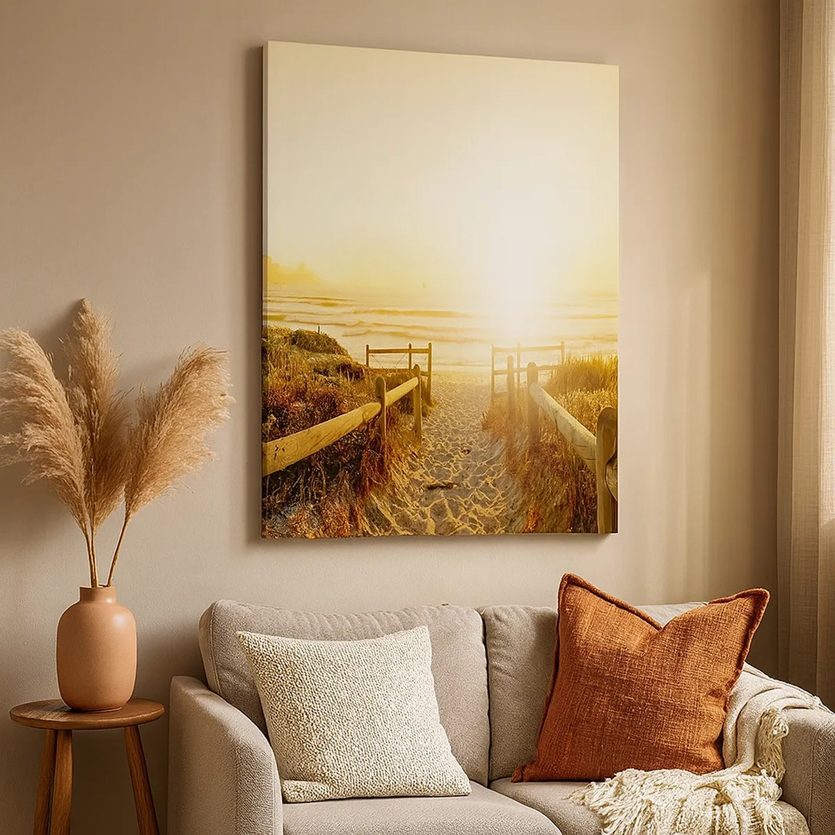 Impression sur toile - Image sur toile - Chemin vers la plage pendant un coucher de soleil doré - 50x70cm - A travers la dune, vers le soleil - Décoration murale moderne pour le salon et la chambre ARTTOR