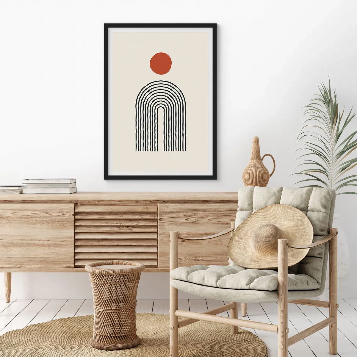 Affiche dans un cadre noir - Poster - Abstraction géométrique avec un arc linéaire et un cercle rouge. - 50x70cm - Le magnétisme des formes et des couleurs - Décoration murale moderne pour le salon et la chambre ARTTOR