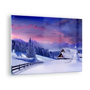 Impression sur verre - Image sur verre - Paysage d'hiver avec un chalet et des montagnes enneigées - 70x50cm - Douce nuit - Décoration murale moderne pour le salon et la chambre ARTTOR