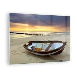 Impression sur verre - Image sur verre - Un bateau sur une plage de sable au lever du soleil - 70x50cm - Il n'y a pas de plus belles plages - Décoration murale moderne pour le salon et la chambre ARTTOR