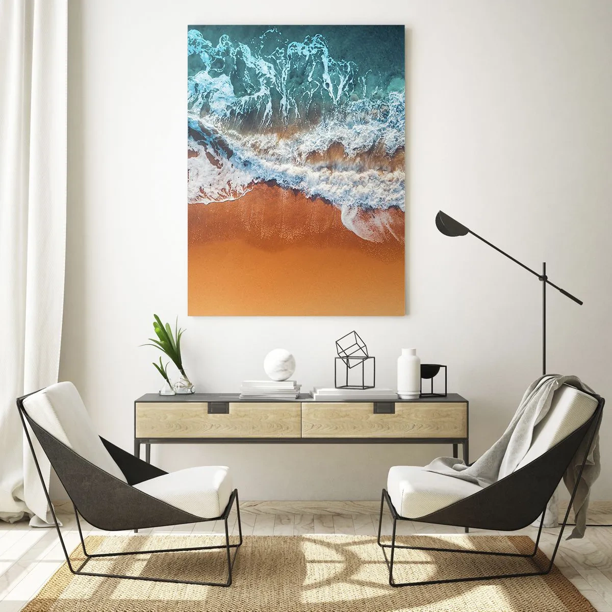 Impression sur verre - Image sur verre - Vue aérienne des vagues de l'océan s'écrasant sur le rivage - 80x120cm - Toujours ensemble - Décoration murale moderne pour le salon et la chambre ARTTOR