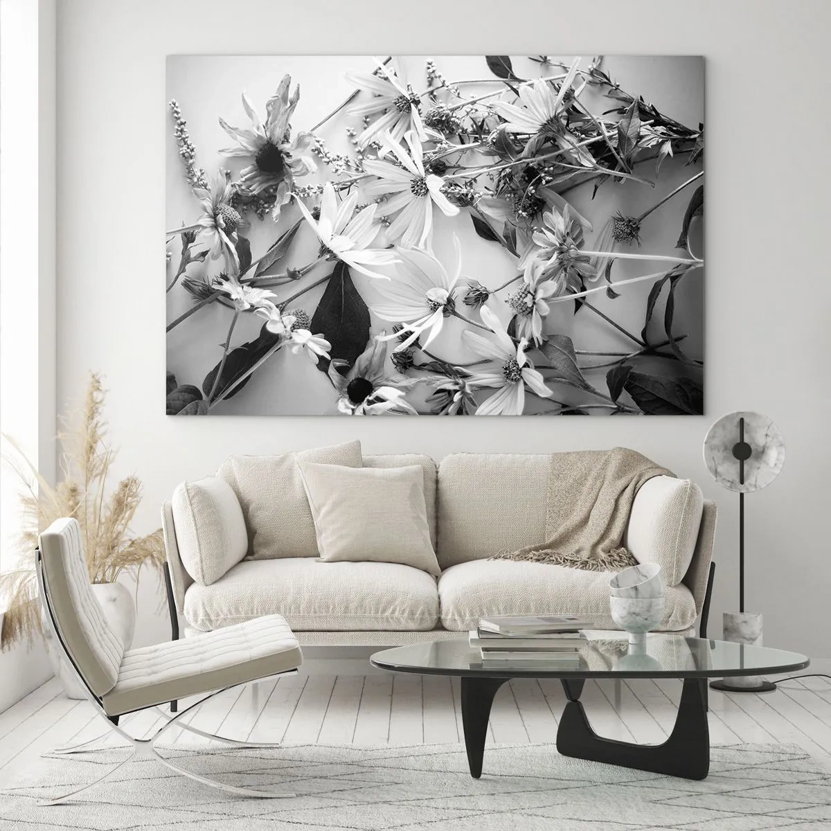 Impression sur verre - Image sur verre - Fleurs noires et blanches dispersées dans un arrangement artistique - 70x50cm - Non-un bouquet de fleurs - Décoration murale moderne pour le salon et la chambre ARTTOR