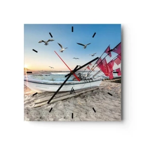 Horloge murale - Pendule murale - Un bateau sur la plage à l'aube avec des mouettes et des drapeaux rouges - 30x30cm - Repos mérité - Décoration murale moderne pour le salon et la chambre ARTTOR