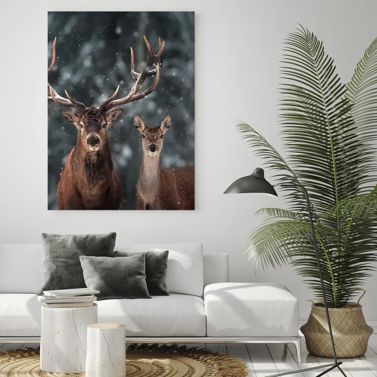 Impression sur verre - Image sur verre - Un cerf et une biche dans une forêt hivernale couverte de neige - 50x70cm - Le roi de la forêt avec sa femme - Décoration murale moderne pour le salon et la chambre ARTTOR