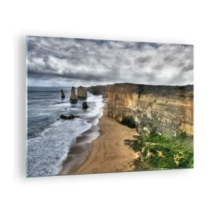 Impression sur verre - Image sur verre - Falaises surplombant l'océan et la plage sous un ciel nuageux - 70x50cm - Beauté brute - Décoration murale moderne pour le salon et la chambre ARTTOR