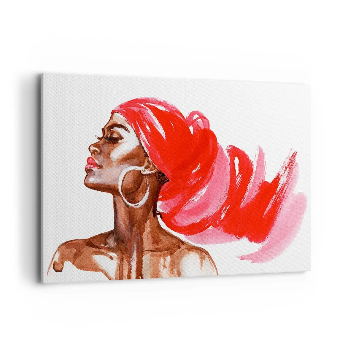Impression sur toile - Image sur toile - Profil d'une femme avec un turban rouge et des boucles d'oreilles - 120x80cm - "Les cheveux dans le vent" - Décoration murale moderne pour le salon et la chambre ARTTOR