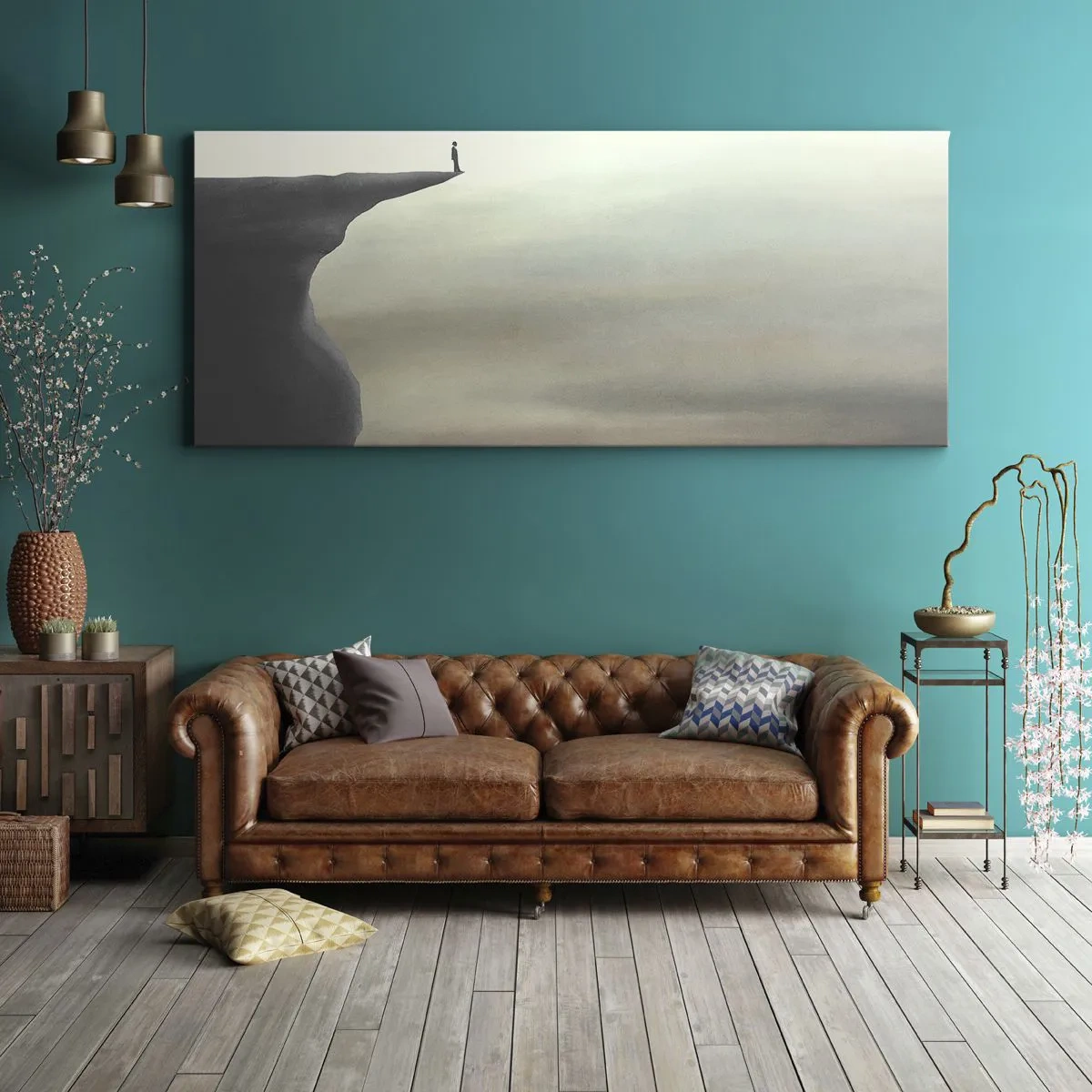 Impression sur toile - Image sur toile - Silhouette d'une figure au bord d'une falaise dans un paysage brumeux - 120x50cm - Tout en haut, bien entendu! - Décoration murale moderne pour le salon et la chambre ARTTOR