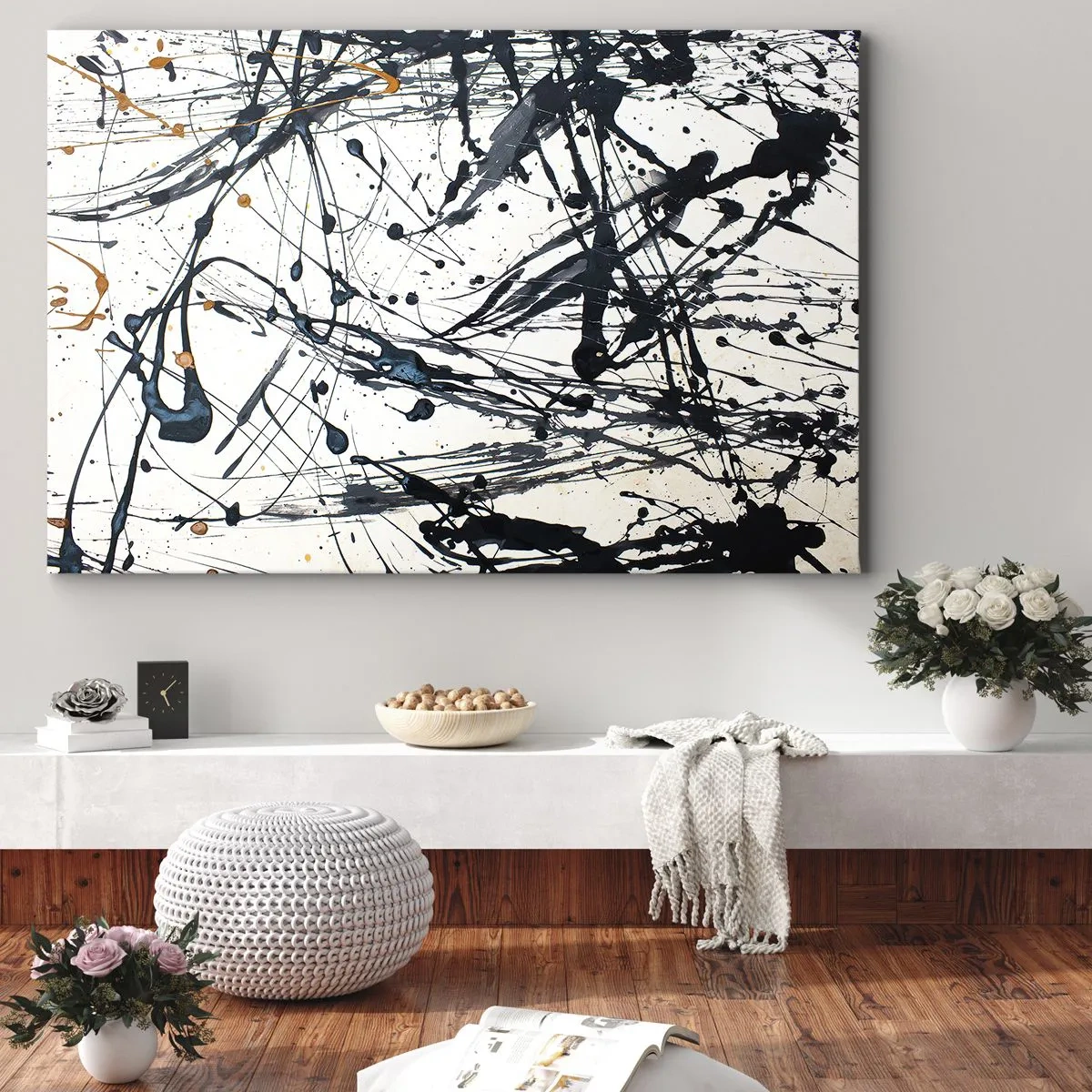 Impression sur toile - Image sur toile - Une peinture abstraite avec des éclaboussures de peinture dans des motifs dynamiques. - 70x50cm - Abstraction expressionniste - Décoration murale moderne pour le salon et la chambre ARTTOR