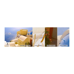 Échantillon de Papier Peint Premium Canvas - Paysage grec en blanc et bleu ciel - Paysage, Santorin, Grèce - 100x30 cm