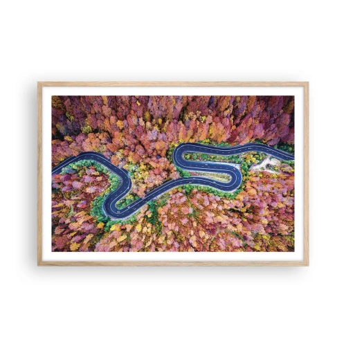 Affiche dans un chêne clair - Poster - Route sinueuse à travers la forêt - 91x61 cm