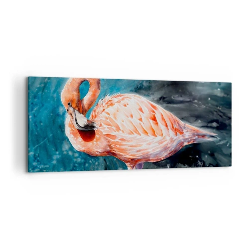 Impression sur toile - Image sur toile - Un flamant rose sur un fond bleu aquarelle - 120x50cm - Décoratif par nature - Décoration murale moderne pour le salon et la chambre ARTTOR
