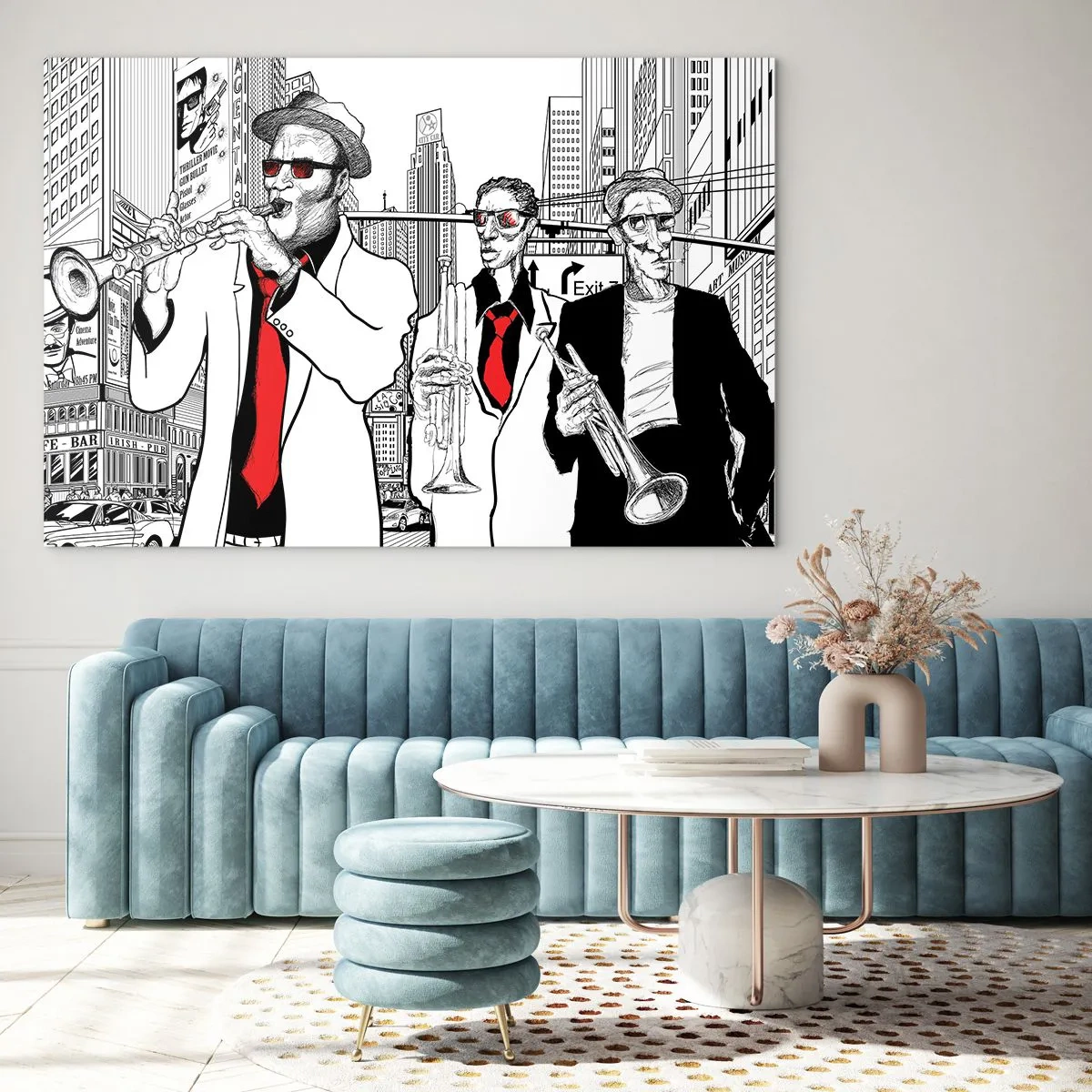 Impression sur verre - Image sur verre - Un groupe de jazz de rue au style graphique moderne. - 120x80cm - Rhapsodie urbaine en noir et rouge - Décoration murale moderne pour le salon et la chambre ARTTOR