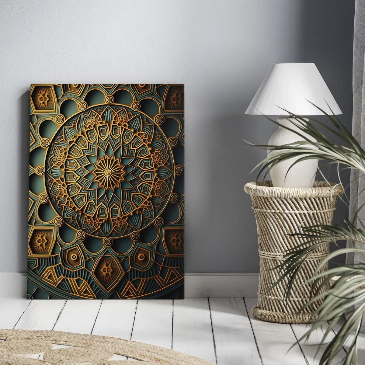 Impression sur toile - Image sur toile - Un mandala doré sur fond turquoise avec des détails riches. - 80x120cm - Dans une ambiance arabe - Décoration murale moderne pour le salon et la chambre ARTTOR