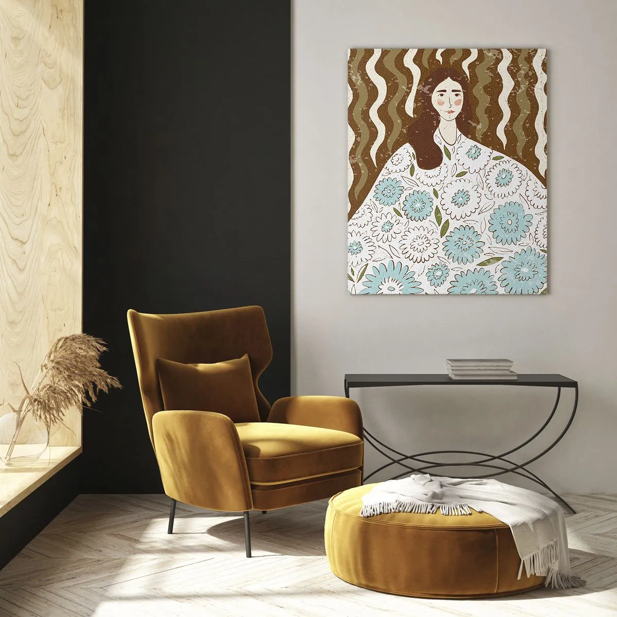 Impression sur verre - Image sur verre - Portrait en robe fleurie - 70x100 cm