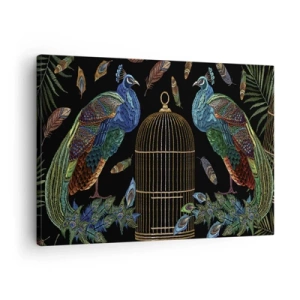 Impression sur toile - Image sur toile - Paons à côté d'une cage dorée sur fond noir - 70x50cm - En robes royales - Décoration murale moderne pour le salon et la chambre ARTTOR
