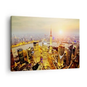 Impression sur toile - Image sur toile - Panorama de la ville avec des gratte-ciels au coucher du soleil - 70x50cm - Rêve asiatique - Décoration murale moderne pour le salon et la chambre ARTTOR