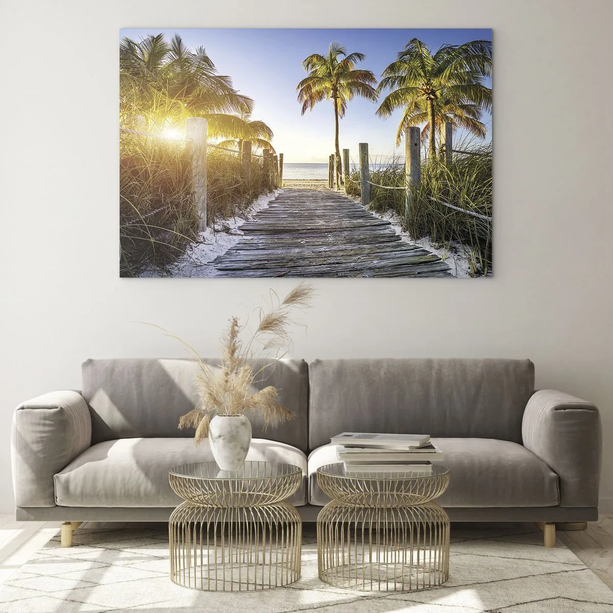 Impression sur verre - Image sur verre - Chemin en bois sur la plage entouré de palmiers - 70x50cm - Directement au paradis - Décoration murale moderne pour le salon et la chambre ARTTOR