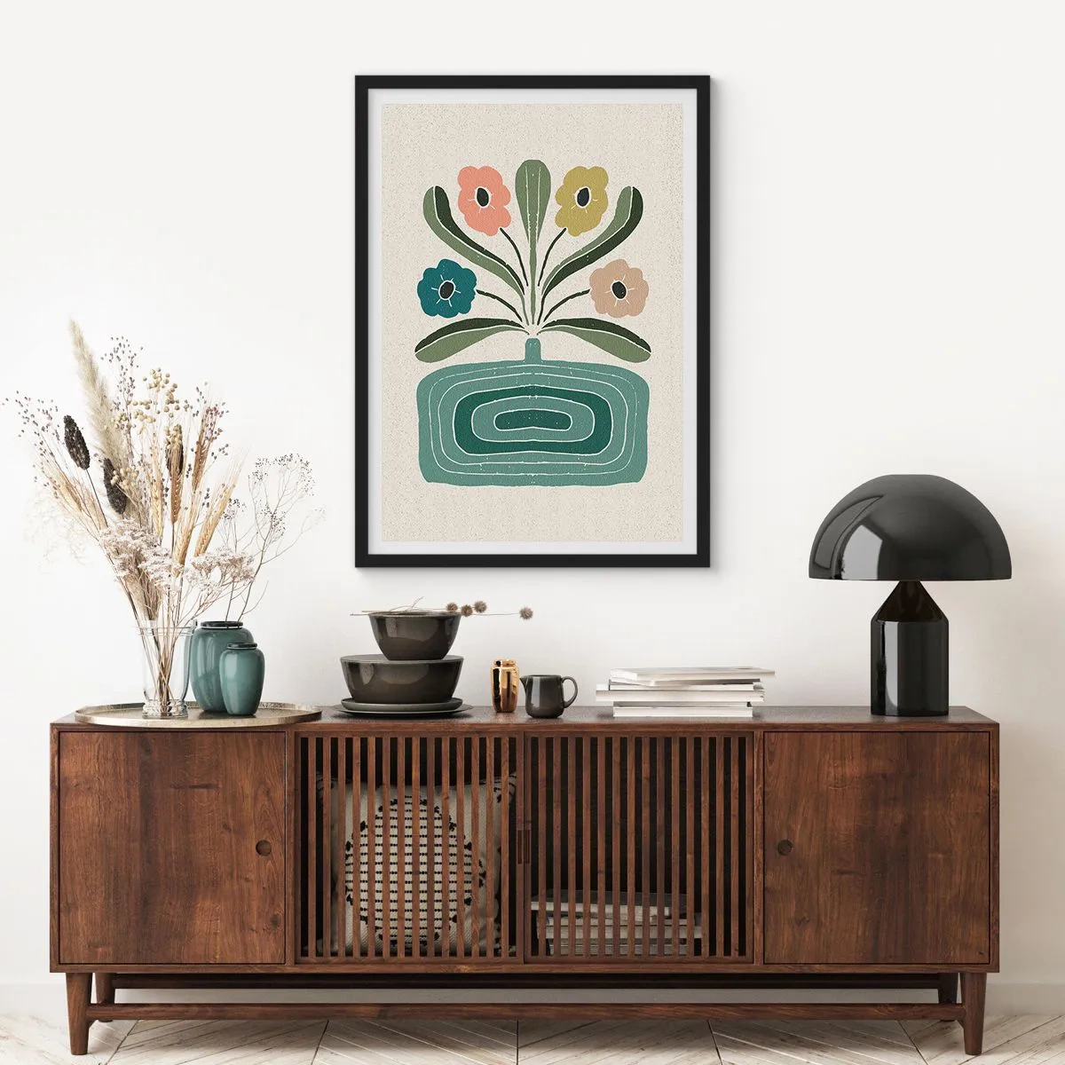 Affiche dans un cadre noir - Poster - Fleurs stylisées dans une composition graphique - 50x70cm - Bouquet symétrique - Décoration murale moderne pour le salon et la chambre ARTTOR