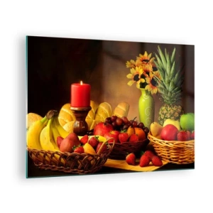 Impression sur verre - Image sur verre - Une composition de fruits, de pain et d'une bougie dans un style rustique - 70x50cm - Nature morte de pain et de fruits - Décoration murale moderne pour le salon et la chambre ARTTOR