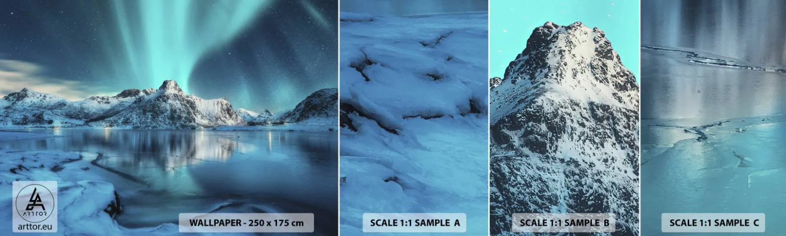 Échantillon de Papier Peint Autocollant Deluxe Sticker - Nuit de lumières - Aurores boréales, Norvège, Paysage - 100x30 cm