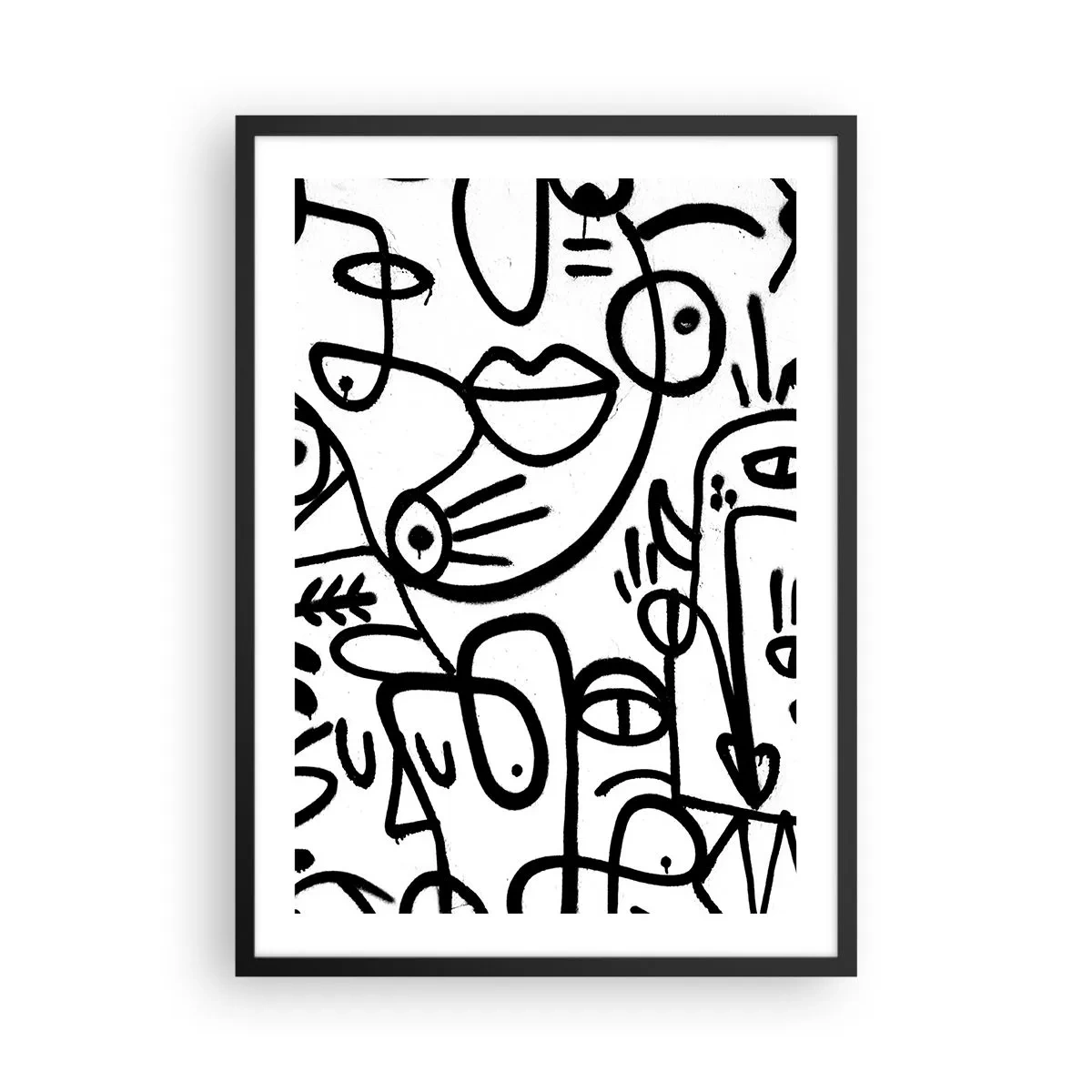 Affiche dans un cadre noir - Poster - Lignes noires abstraites sur fond blanc - 50x70cm - Visages et mirages - Décoration murale moderne pour le salon et la chambre ARTTOR