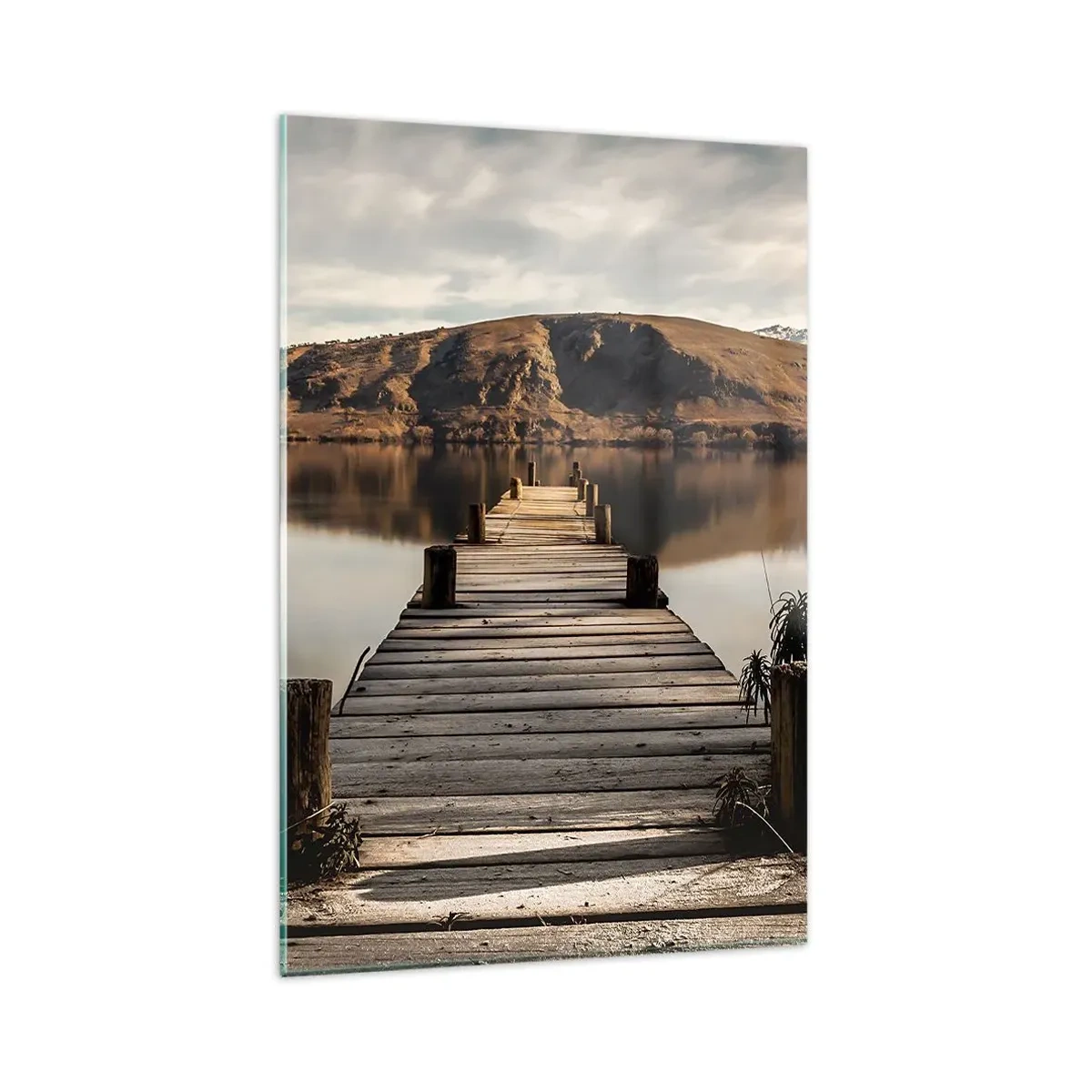 Impression sur verre - Image sur verre - Une jetée en bois sur un lac entouré de collines pittoresques - 80x120cm - Paysage silencieux - Décoration murale moderne pour le salon et la chambre ARTTOR