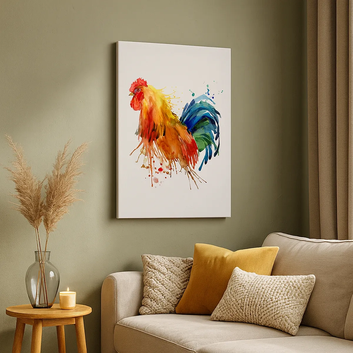 Impression sur toile - Image sur toile - Coq coloré dans un style aquarelle - 50x70cm - Robe royale, fierté royale - Décoration murale moderne pour le salon et la chambre ARTTOR