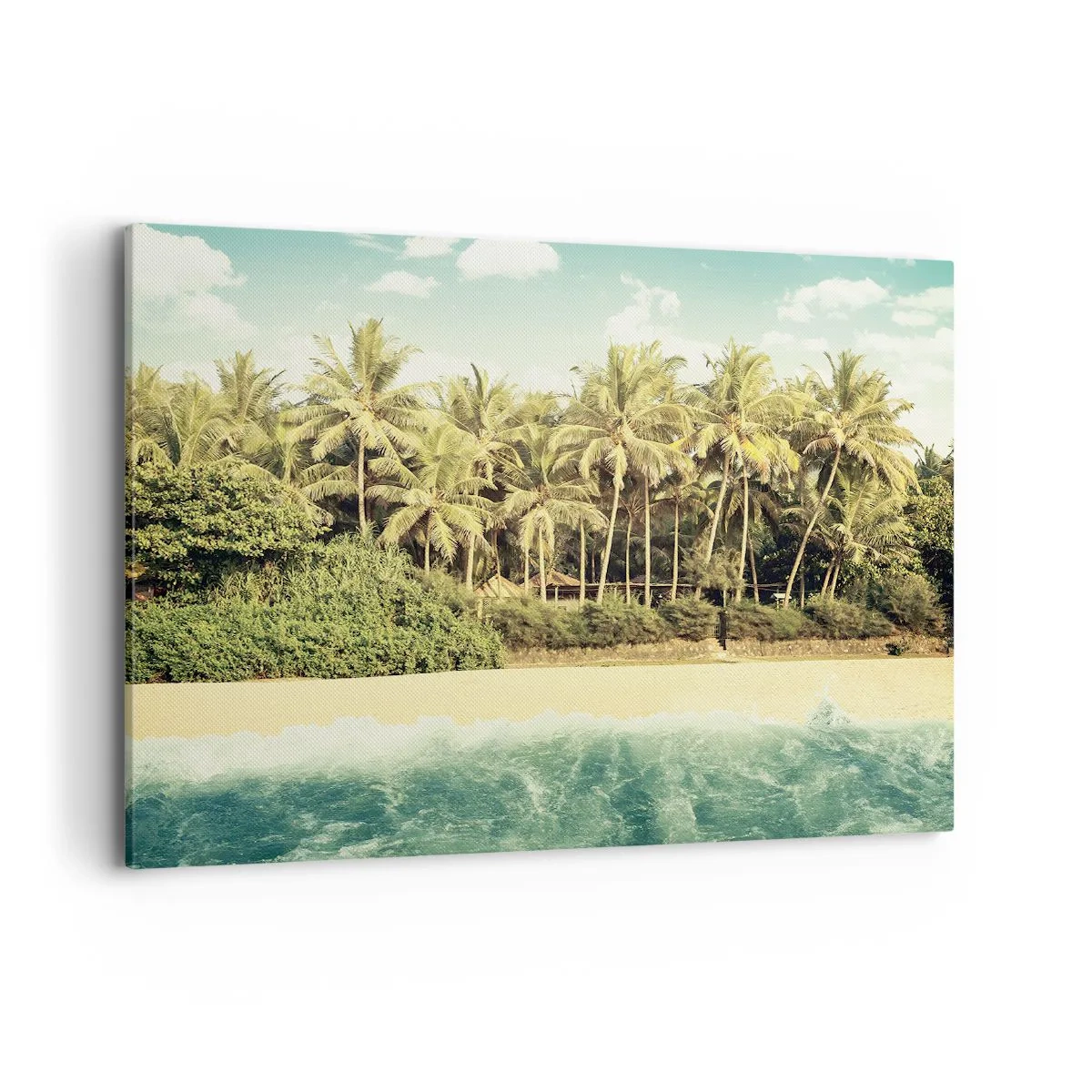 Impression sur toile - Image sur toile - Plage tropicale avec palmiers et mer turquoise - 100x70cm - Peut-être ici? - Décoration murale moderne pour le salon et la chambre ARTTOR