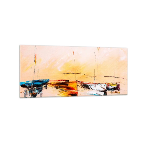 Impression sur verre - Image sur verre - Bateaux colorés sur une eau calme au coucher du soleil - 120x50cm - Soirée à la marina - Décoration murale moderne pour le salon et la chambre ARTTOR