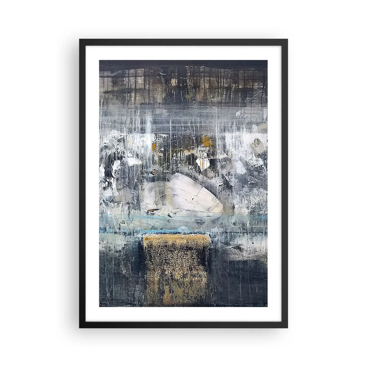 Affiche dans un cadre noir - Poster - Une composition abstraite dans des tons de gris et d'or. - 50x70cm - Comme sur la glace, comme après décembre - Décoration murale moderne pour le salon et la chambre ARTTOR