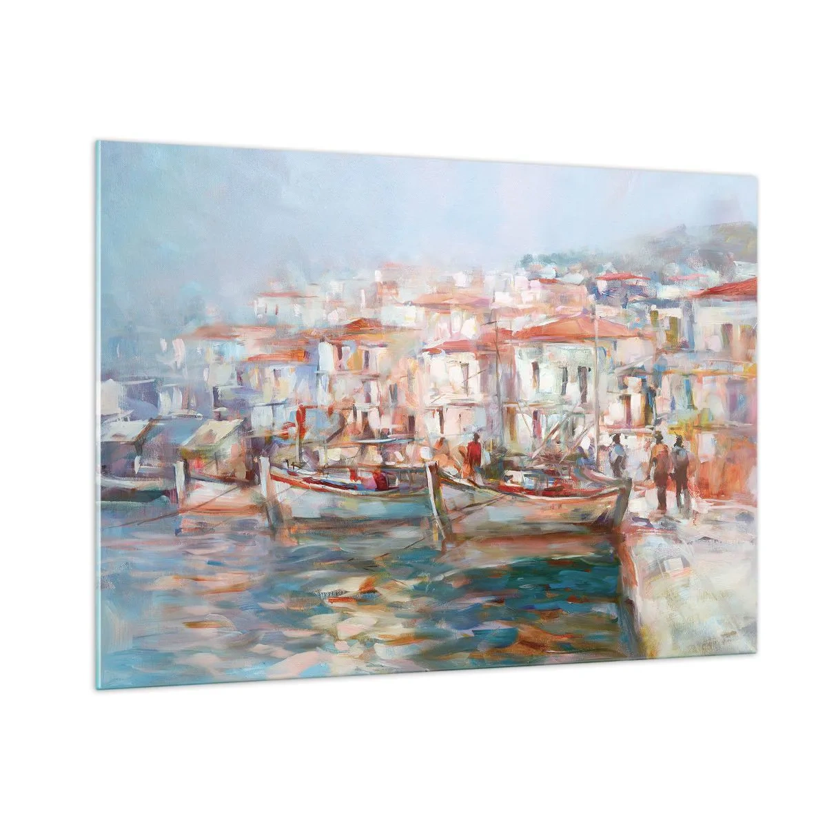 Impression sur verre - Image sur verre - Un port pittoresque avec des bateaux aux couleurs pastel - 100x70cm - Vacances pastelles - Décoration murale moderne pour le salon et la chambre ARTTOR