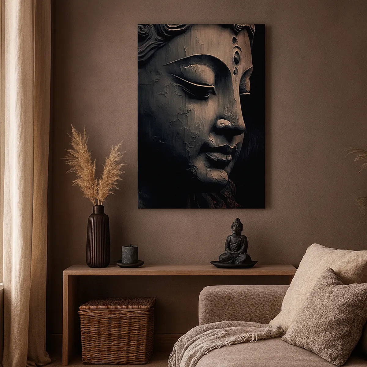 Impression sur toile - Image sur toile - Sculpture de Bouddha avec une fleur de lotus rouge - 50x70cm - En harmonie avec le monde - Décoration murale moderne pour le salon et la chambre ARTTOR