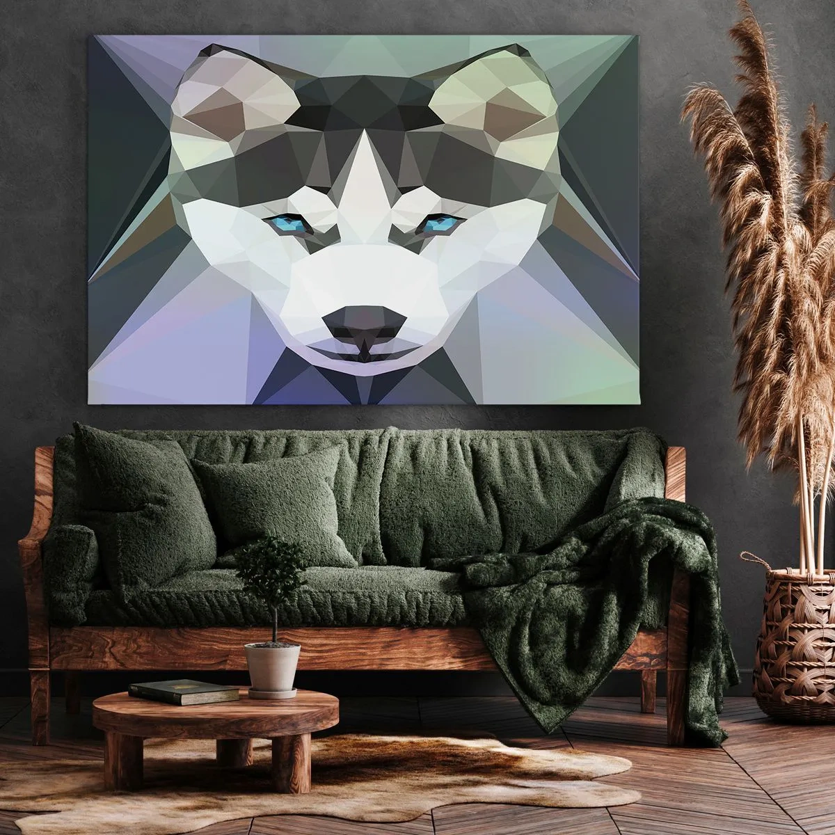 Impression sur toile - Image sur toile - Loup géométrique aux yeux bleus expressifs - 70x50cm - La mémoire des neiges du nord - Décoration murale moderne pour le salon et la chambre ARTTOR