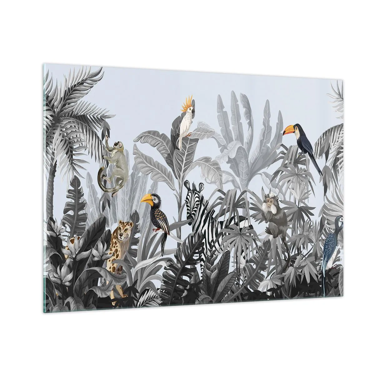 Impression sur verre - Image sur verre - Animaux exotiques dans une jungle en noir et blanc sur fond clair - 100x70cm - Conte de fées africain - Décoration murale moderne pour le salon et la chambre ARTTOR