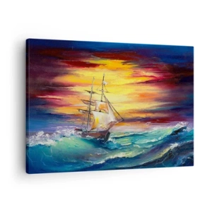 Impression sur toile - Image sur toile - Un voilier sur fond de coucher de soleil coloré - 70x50cm - Courageusement sous les vagues - Décoration murale moderne pour le salon et la chambre ARTTOR