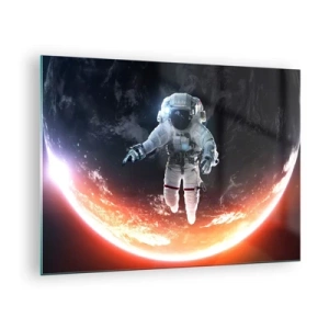 Impression sur verre - Image sur verre - Astronaute dans l'espace avec une planète en arrière-plan - 70x50cm - Puis-je rester un peu plus longtemps ? - Décoration murale moderne pour le salon et la chambre ARTTOR
