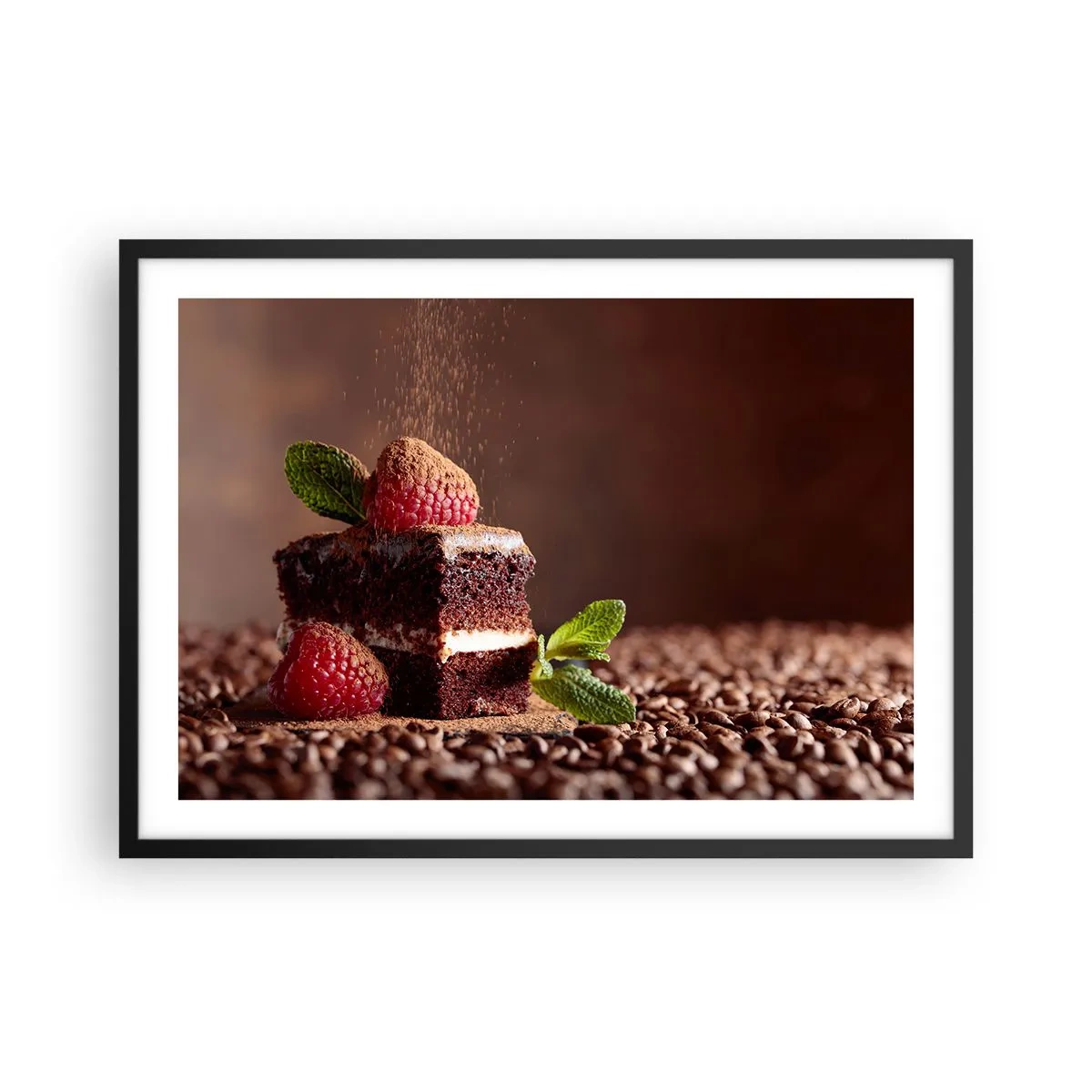 Affiche dans un cadre noir - Poster - Gâteau au chocolat aux framboises et à la menthe sur fond de fèves de cacao - 70x50cm - La vie est douce - Décoration murale moderne pour le salon et la chambre ARTTOR