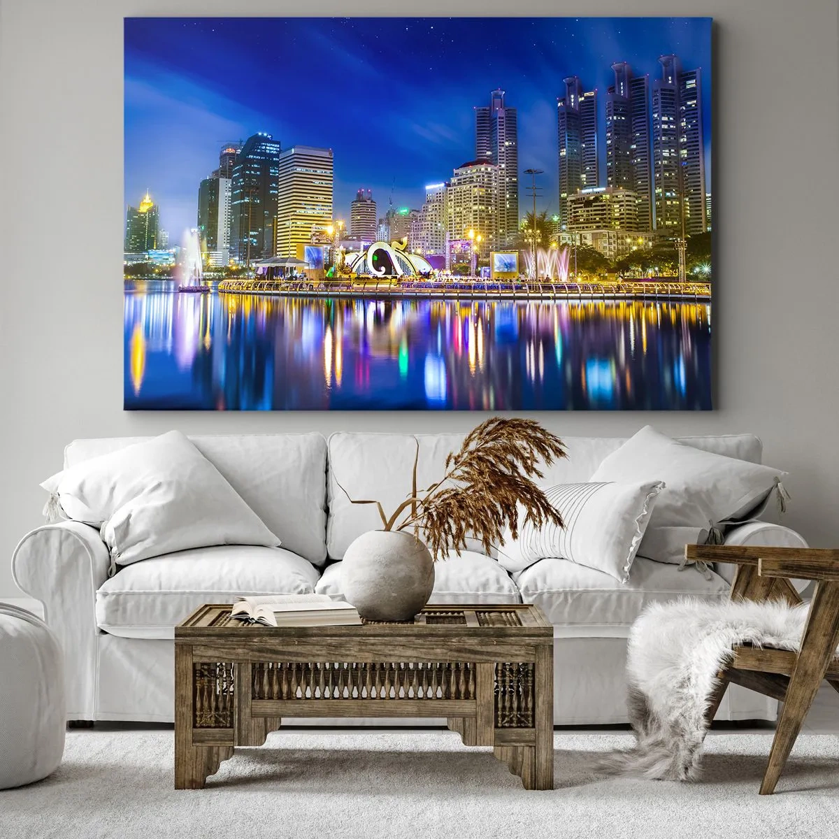 Impression sur toile - Image sur toile - Panorama nocturne de la ville avec les lumières reflétées sur l'eau - 120x80cm - Nuit arc-en-ciel de la métropole - Décoration murale moderne pour le salon et la chambre ARTTOR