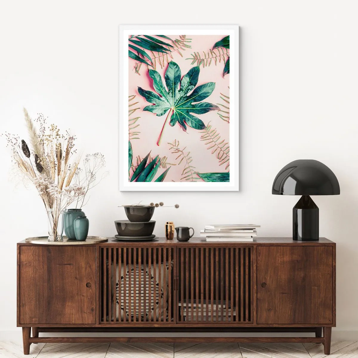 Affiche dans un cadre blanc - Poster - Étude de verdure sur fond rose - 61x91 cm