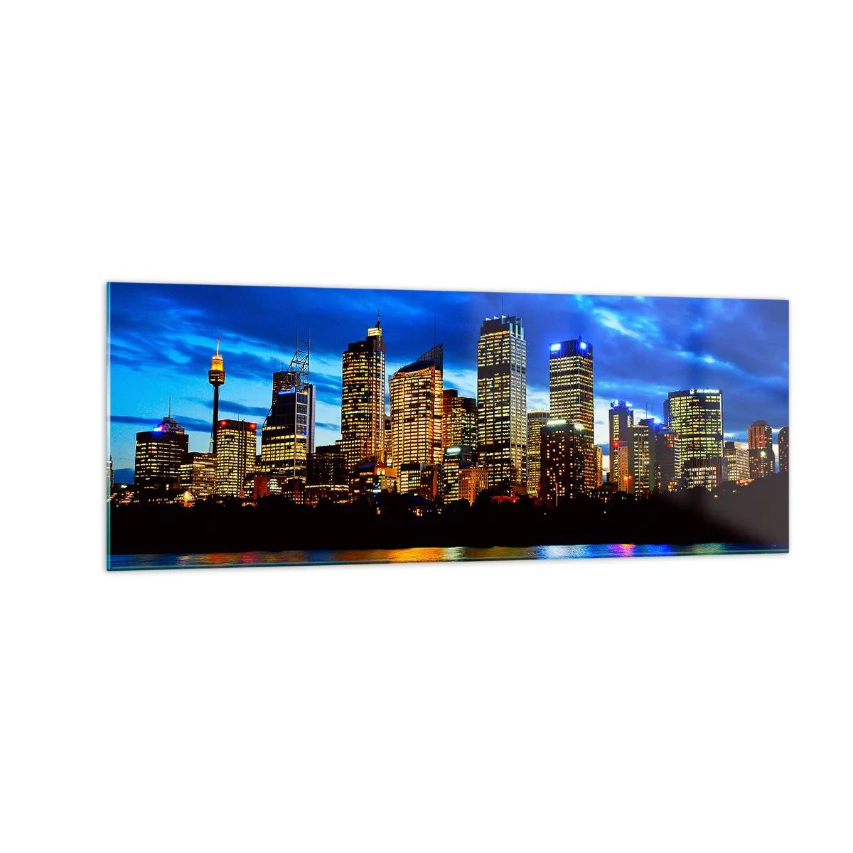 Impression sur verre - Image sur verre - Panorama de la ville nocturne avec des gratte-ciel illuminés au-dessus de l'eau - 140x50cm - Une nuit de lumières et de couleurs - Décoration murale moderne pour le salon et la chambre ARTTOR