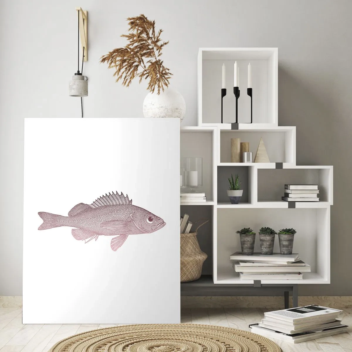 Impression sur verre - Image sur verre - Graphique d'un poisson avec un grand œil dans un style rétro sur fond blanc - 50x70cm - Poisson aux grands yeux - Décoration murale moderne pour le salon et la chambre ARTTOR