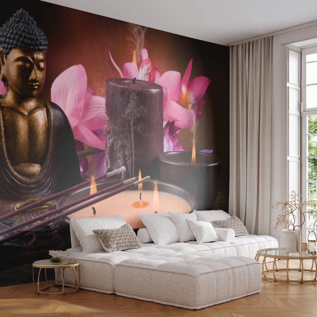 Papier Peint Autocollant Deluxe Sticker - Vider l'esprit, calmer le corps - Bouddha, Religion, Fleurs - 250x175 cm