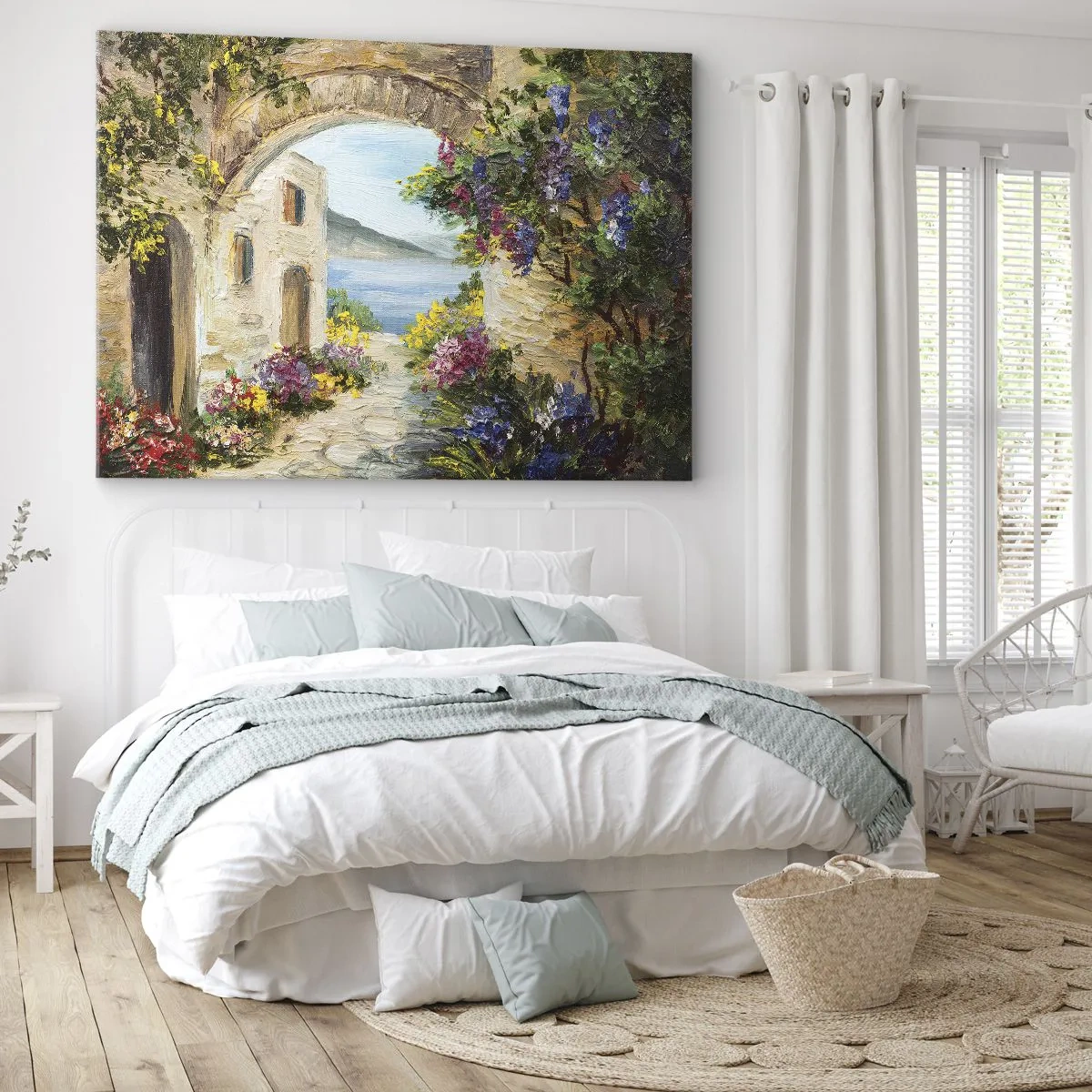 Impression sur toile - Image sur toile - Paysage de bord de mer avec des bâtiments en pierre et des fleurs - 70x50cm - Le charme d'une province côtière - Décoration murale moderne pour le salon et la chambre ARTTOR